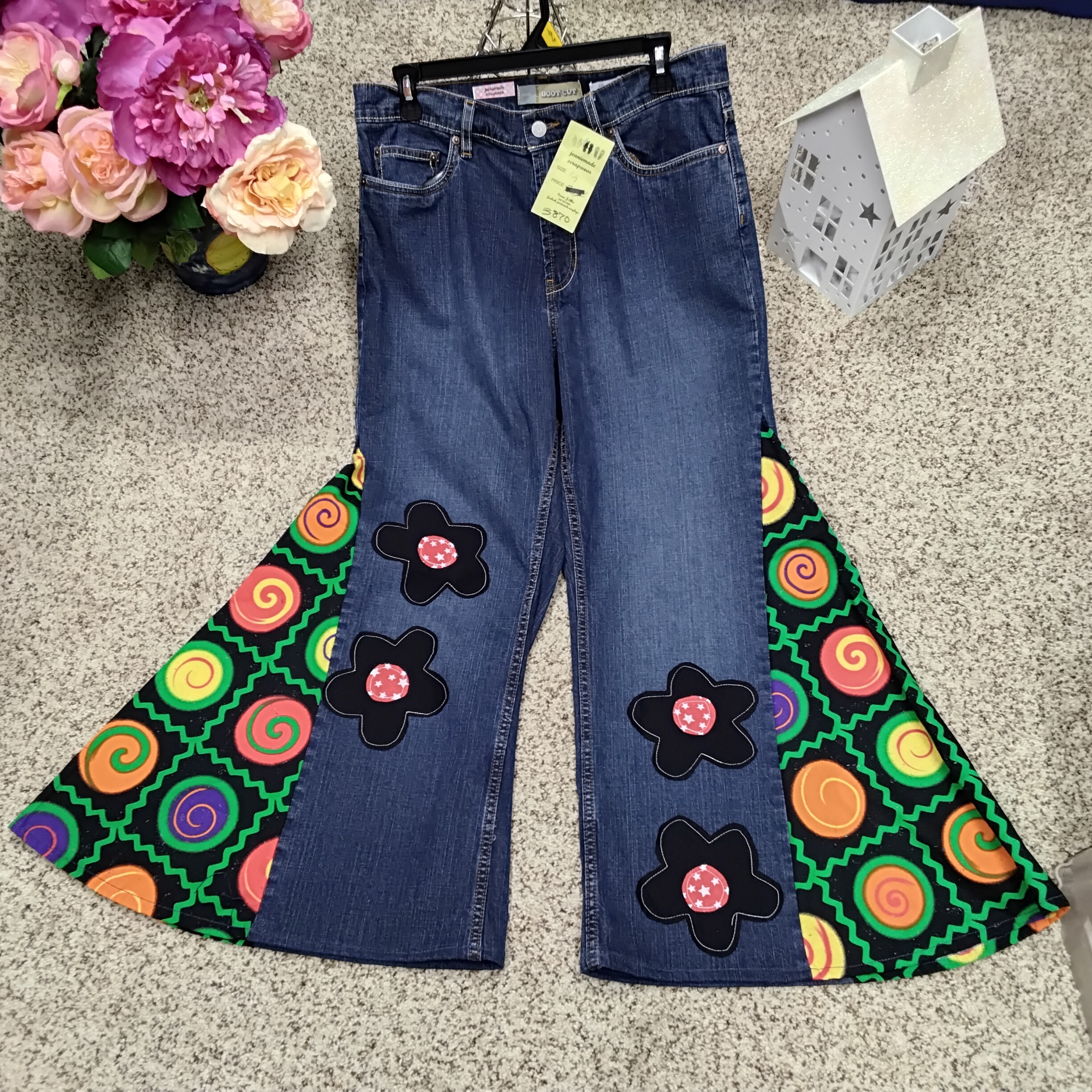 Old Navy Blue Flare Jeans With Colorful Floral Accents